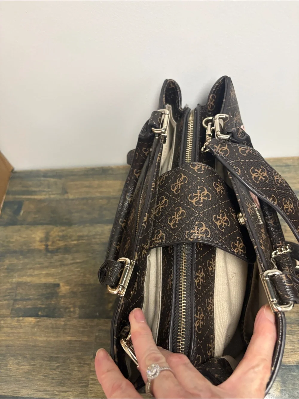 GUESS Brown Satchel with Pink Floral Embroidery